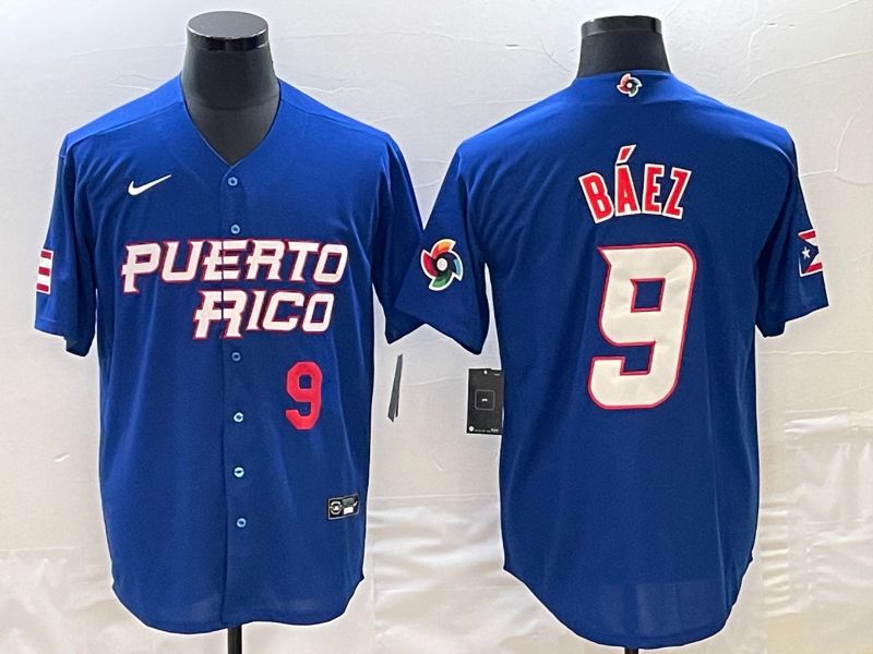 Men 2023 World Cub Puerto Rico 9 Baez Blue Nike MLB Jersey4